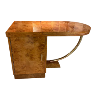 Bureau / coiffeuse dappoint Art Déco double face, loupe de frêne et laiton, France ca 1925