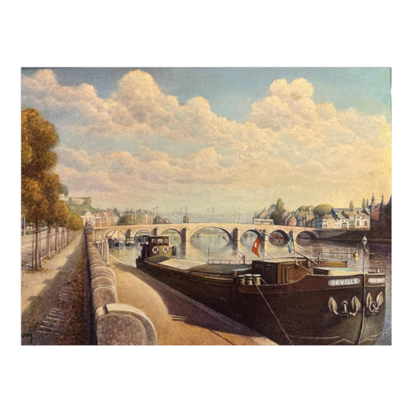 Olivier Henri BOSERET « Namur le bord de Meuse et le Pont de Jambes » peinture huile sur panneau