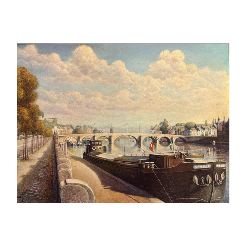 Olivier Henri BOSERET " Namen, de oevers van de Maas en de Jambes-brug" schilderij olie op paneel