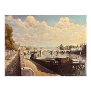Olivier Henri BOSERET " Namen, de oevers van de Maas en de Jambes-brug" schilderij olie op paneel