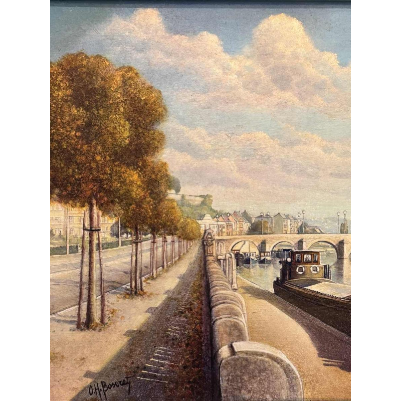 Olivier Henri BOSERET "Namur, the banks of the Meuse and the Jambes bridge" painting oil on board