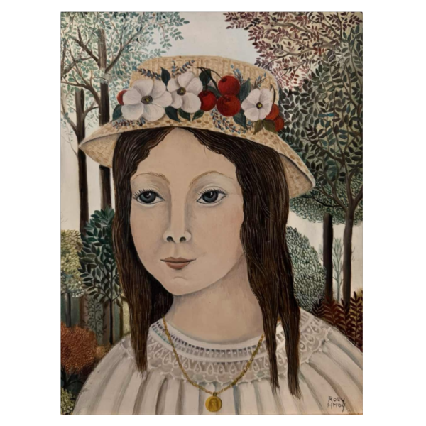 Rosy AMOY « Jeune fille au chapeau fleuri » acrylique peinture sur toile