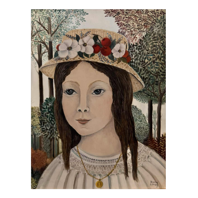 Rosy AMOY « Jeune fille au chapeau fleuri » acrylique peinture sur toile
