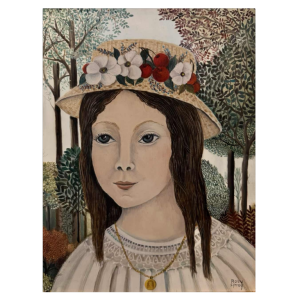 Rosy AMOY « Jeune fille au chapeau fleuri » acrylique peinture sur toile