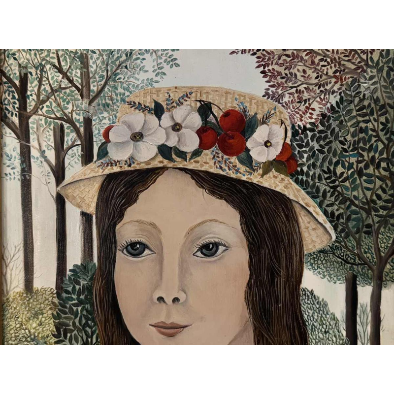 Rosy AMOY « Jeune fille au chapeau fleuri » acrylique peinture sur toile