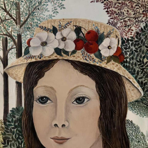 Rozy AMOY: "Jong meisje met bloemenhoed" acryl schilderij op canvas