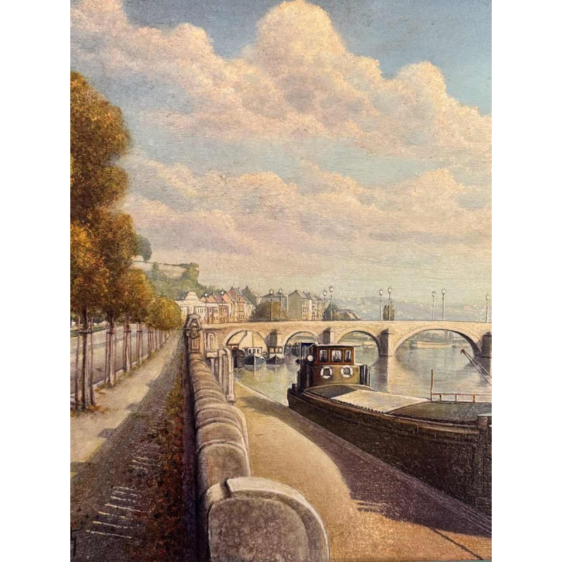 Olivier Henri BOSERET "Namur, the banks of the Meuse and the Jambes bridge" painting oil on board
