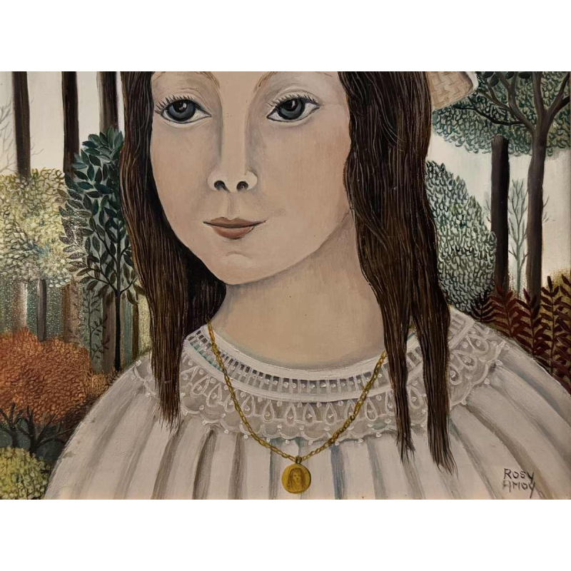 Rosy AMOY « Jeune fille au chapeau fleuri » acrylique peinture sur toile