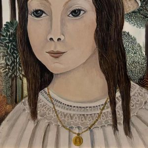 Rosy AMOY « Jeune fille au chapeau fleuri » acrylique peinture sur toile