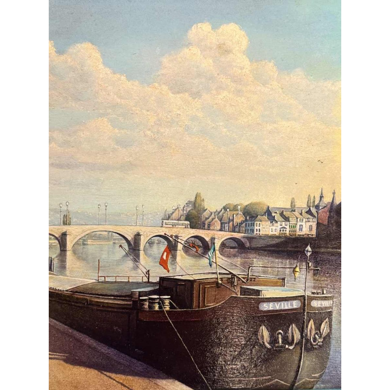 Olivier Henri BOSERET "Namur, the banks of the Meuse and the Jambes bridge" painting oil on board