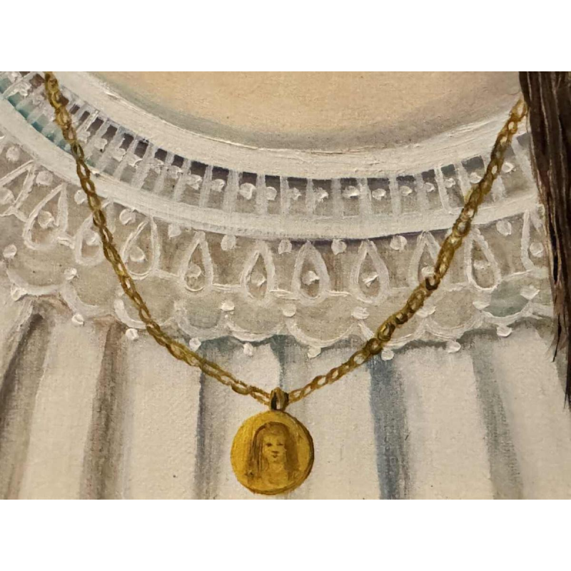 Rosy AMOY « Jeune fille au chapeau fleuri » acrylique peinture sur toile