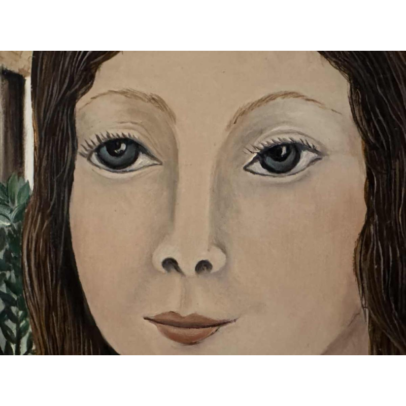 Rosy AMOY « Jeune fille au chapeau fleuri » acrylique peinture sur toile