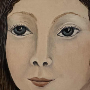 Rosy AMOY « Jeune fille au chapeau fleuri » acrylique peinture sur toile