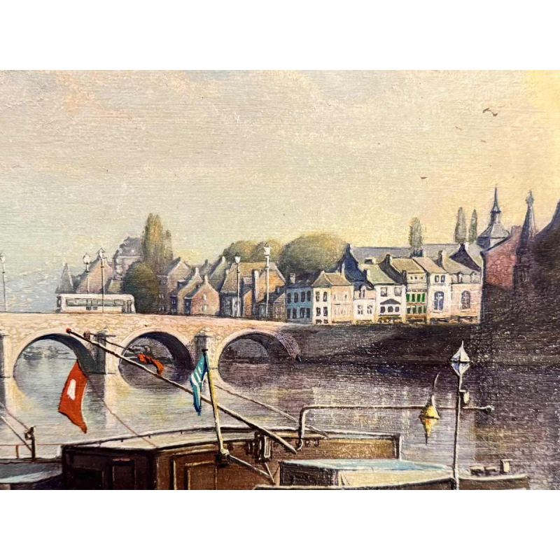 Olivier Henri BOSERET " Namen, de oevers van de Maas en de Jambes-brug" schilderij olie op paneel