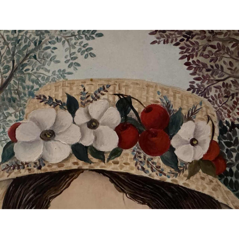 Rozy AMOY: "Jong meisje met bloemenhoed" acryl schilderij op canvas