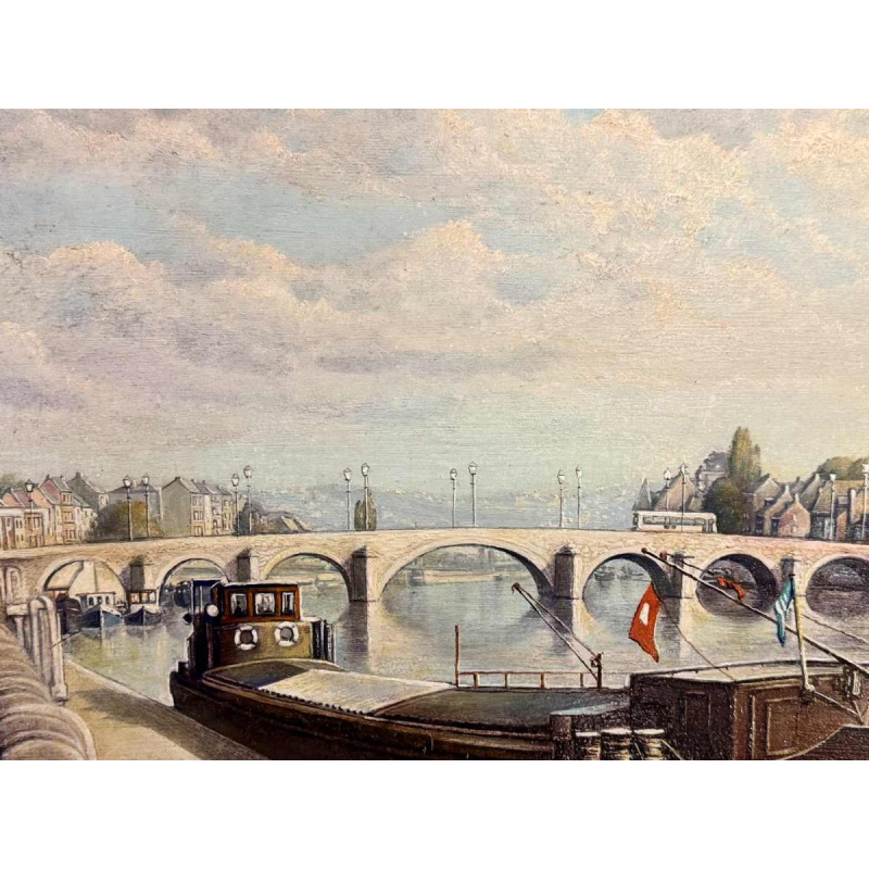 Olivier Henri BOSERET "Namur, the banks of the Meuse and the Jambes bridge" painting oil on board