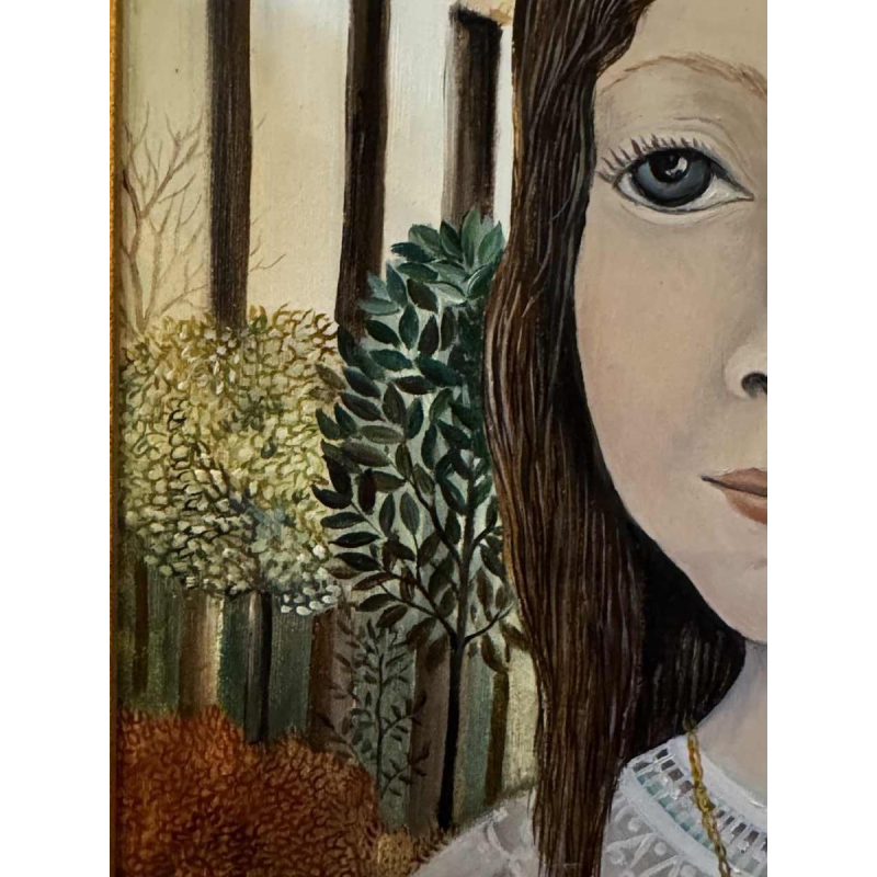 Rozy AMOY: "Jong meisje met bloemenhoed" acryl schilderij op canvas