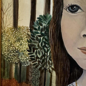 Rosy AMOY « Jeune fille au chapeau fleuri » acrylique peinture sur toile