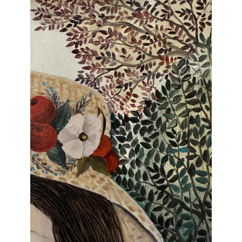 Rozy AMOY: "Jong meisje met bloemenhoed" acryl schilderij op canvas