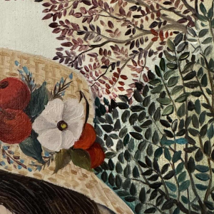 Rozy AMOY: "Jong meisje met bloemenhoed" acryl schilderij op canvas