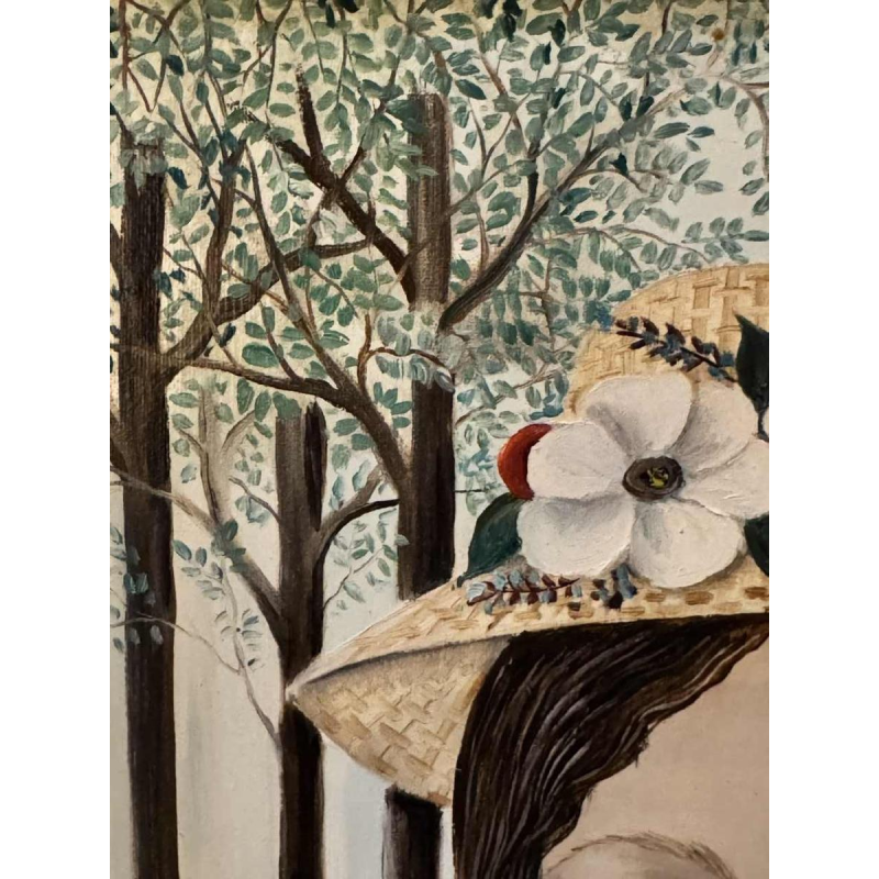 Rozy AMOY: "Jong meisje met bloemenhoed" acryl schilderij op canvas