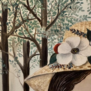 Rozy AMOY: "Jong meisje met bloemenhoed" acryl schilderij op canvas