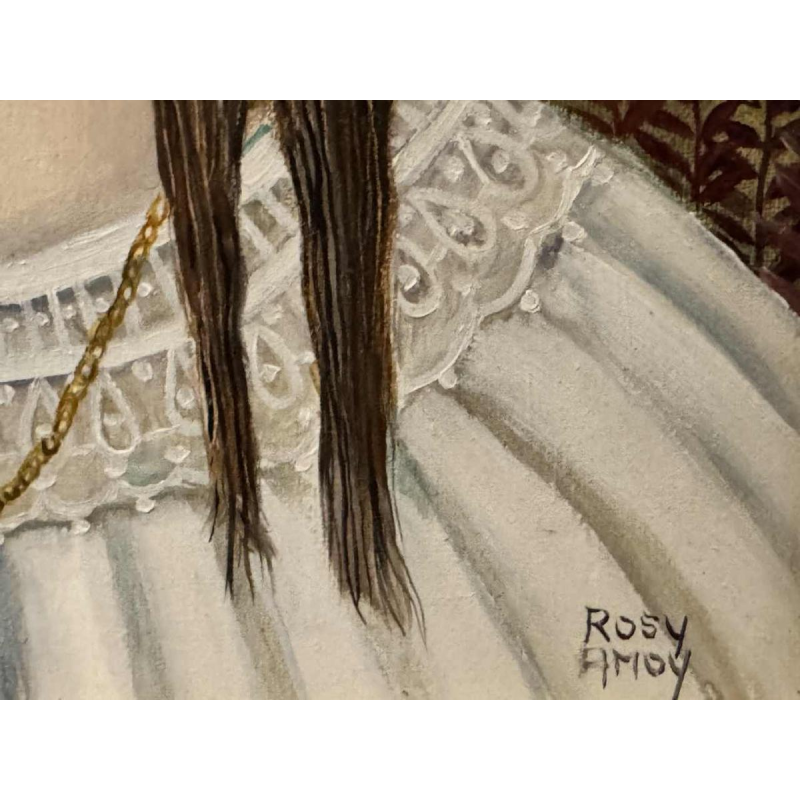 Rosy AMOY « Jeune fille au chapeau fleuri » acrylique peinture sur toile