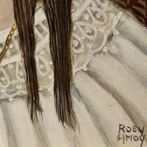 Rosy AMOY « Jeune fille au chapeau fleuri » acrylique peinture sur toile