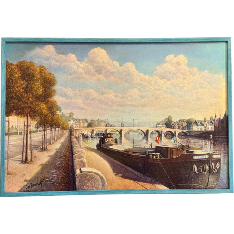 Olivier Henri BOSERET " Namen, de oevers van de Maas en de Jambes-brug" schilderij olie op paneel