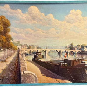 Olivier Henri BOSERET "Namur, the banks of the Meuse and the Jambes bridge" painting oil on board