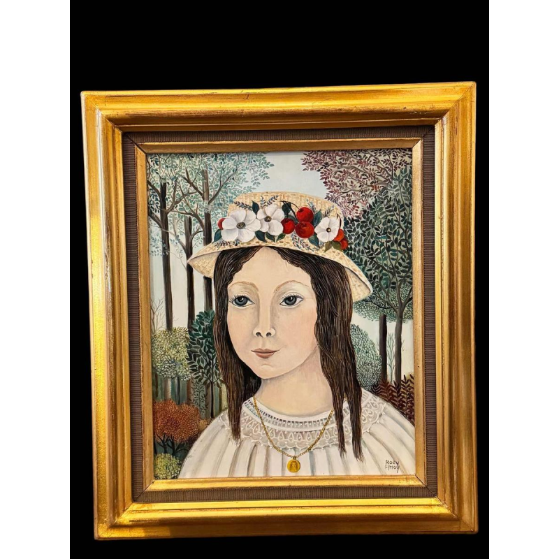 Rosy AMOY « Jeune fille au chapeau fleuri » acrylique peinture sur toile