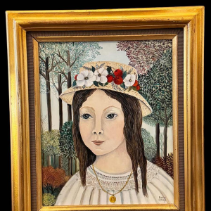 Rozy AMOY: "Jong meisje met bloemenhoed" acryl schilderij op canvas