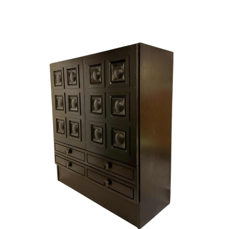 Brutalist style piece of furniture in textured blackened oak, Belgium circa 1970