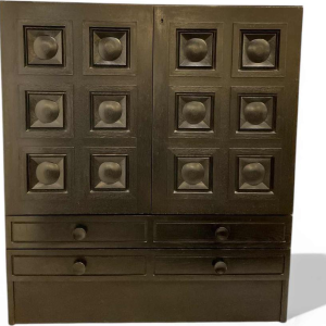 Brutalist style piece of furniture in textured blackened oak, Belgium circa 1970