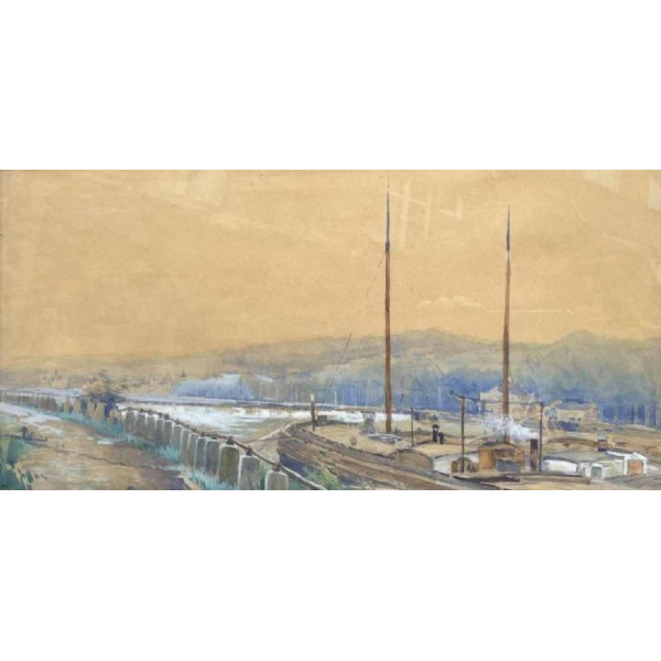 Renée PRINZ (1883-1973) Quai de Meuse avec péniche panoramische aquarel