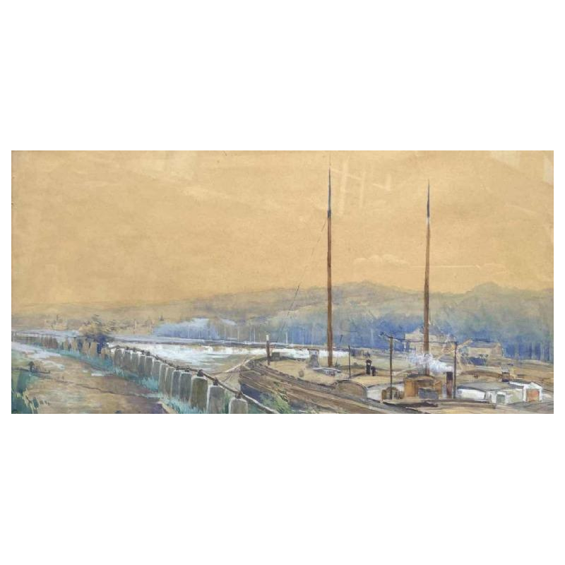 Renée PRINZ (1883-1973) Quai de Meuse avec péniche panoramische aquarel