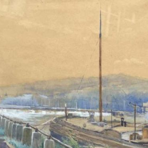 Renée PRINZ (1883-1973) Quai de Meuse avec péniche panoramische aquarel