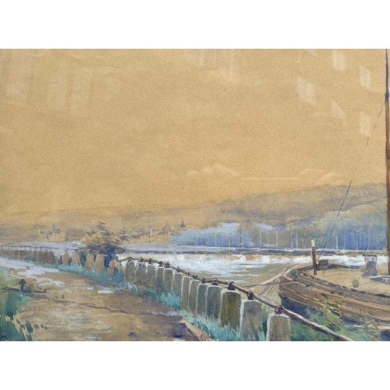 Renée PRINZ (1883-1973) Quai de Meuse avec péniche panoramic watercolour