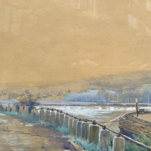 Renée PRINZ (1883-1973) Quai de Meuse avec péniche panoramische aquarel