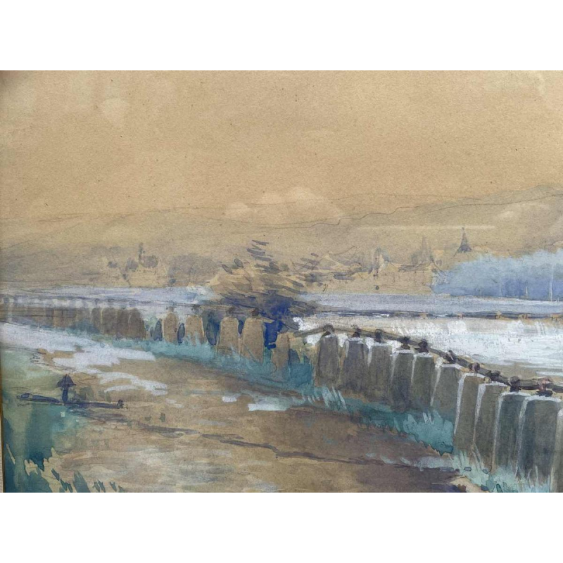 Renée PRINZ (1883-1973) « Quai de Meuse avec péniche » aquarelle panoramique