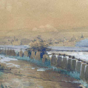 Renée PRINZ (1883-1973) Quai de Meuse avec péniche panoramic watercolour
