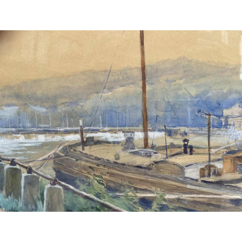 Renée PRINZ (1883-1973) Quai de Meuse avec péniche panoramic watercolour