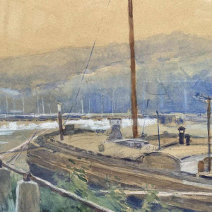 Renée PRINZ (1883-1973) « Quai de Meuse avec péniche » aquarelle panoramique
