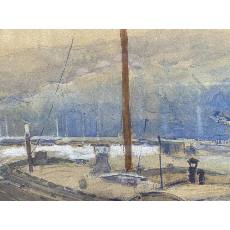 Renée PRINZ (1883-1973) Quai de Meuse avec péniche panoramische aquarel