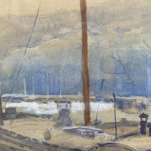 Renée PRINZ (1883-1973) Quai de Meuse avec péniche panoramische aquarel