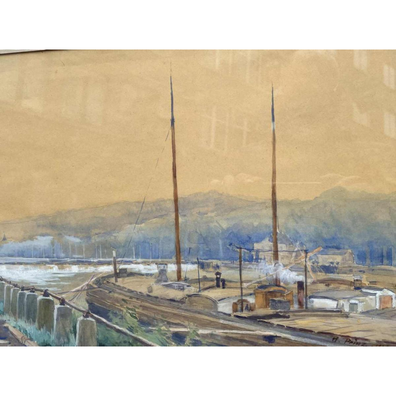 Renée PRINZ (1883-1973) « Quai de Meuse avec péniche » aquarelle panoramique
