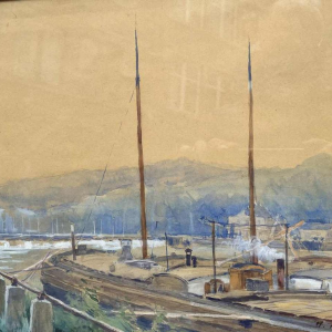 Renée PRINZ (1883-1973) Quai de Meuse avec péniche panoramische aquarel