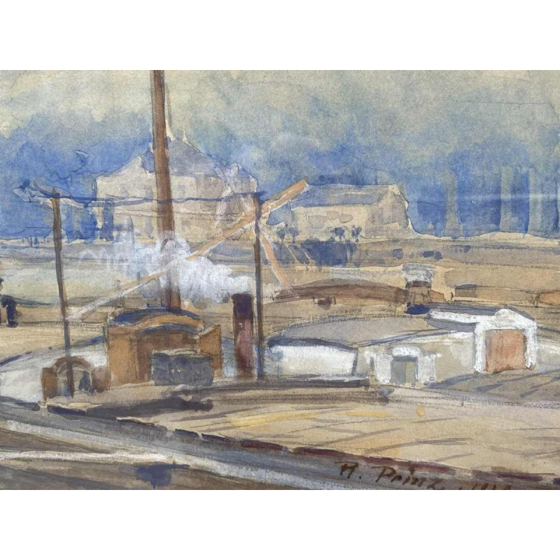 Renée PRINZ (1883-1973) Quai de Meuse avec péniche panoramic watercolour
