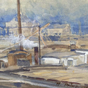 Renée PRINZ (1883-1973) Quai de Meuse avec péniche panoramische aquarel