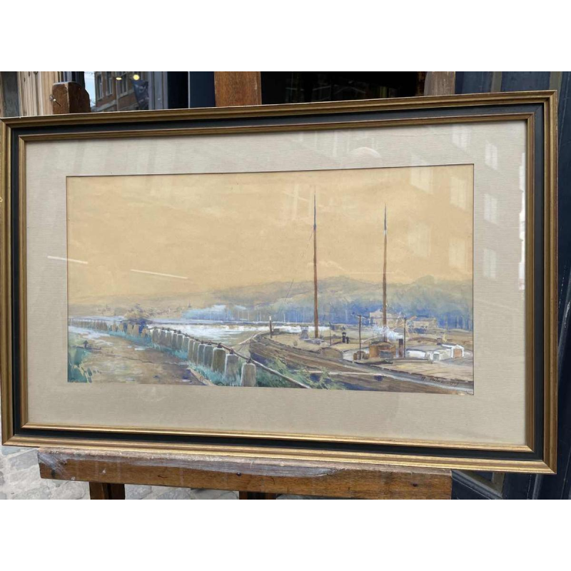 Renée PRINZ (1883-1973) « Quai de Meuse avec péniche » aquarelle panoramique